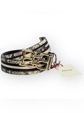 Bally Gold Buckle Snakeskin Leather belt with White and Red Stripes size 90